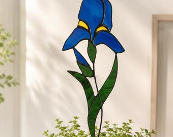 Blue Iris Plant Stake, Stained Glass Flower, Botanical Garden Decor, Indoor Plant Decor, Iris Flower Gift
