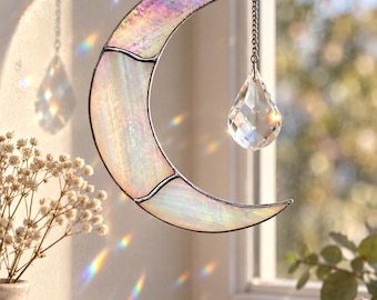 Stained Glass Moon Crystal Suncatcher, Celestial Fantasy Home Decor
