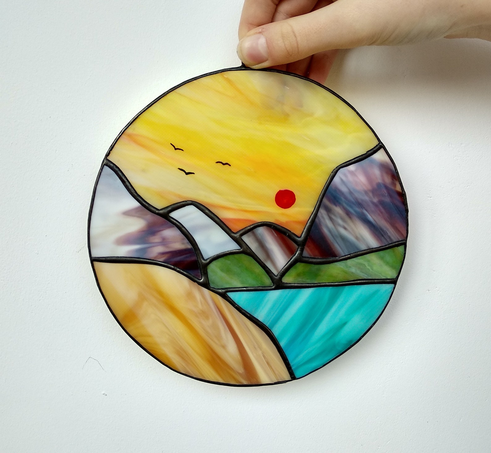 Landscape stained glass Mountain Suncatcher for window Etsy