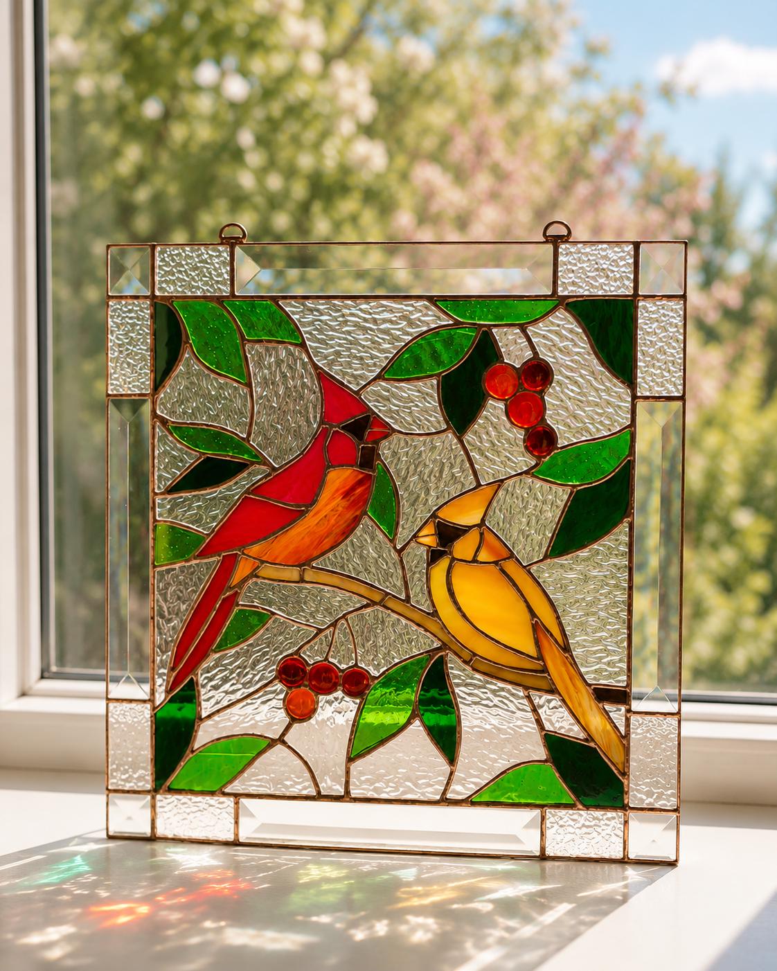 Large Cardinal Display Male and Female Cardinal Stained Glass Panel, Cardinal Suncatcher, Bird ...
