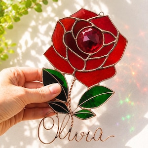 Personalized Stained Glass Rose, Custom Name Suncatcher, Rose Birth Flower Gift, Flower Decor, Gift for Her, Handmade Window Hanging