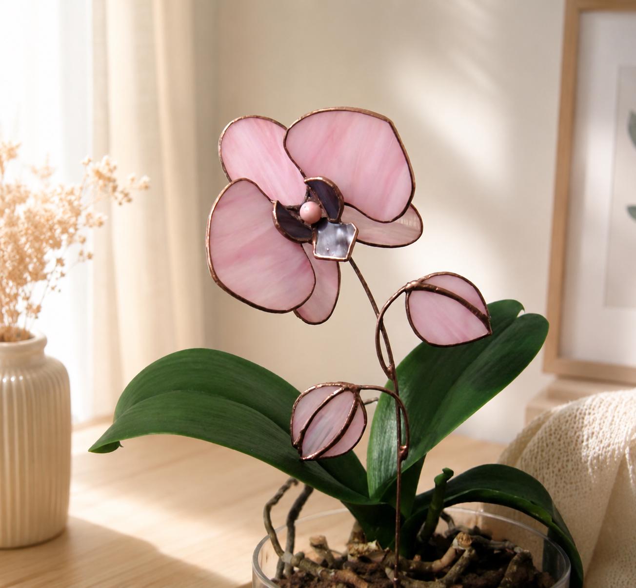 Pink Stained Glass Orchid, Forever Flower Decor, Botanical Glass