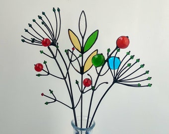 Stained glass flowers on stem Suncatcher Mothers day gifts Glass bouquet Forever plants in vase Decorative plant Wildflowers