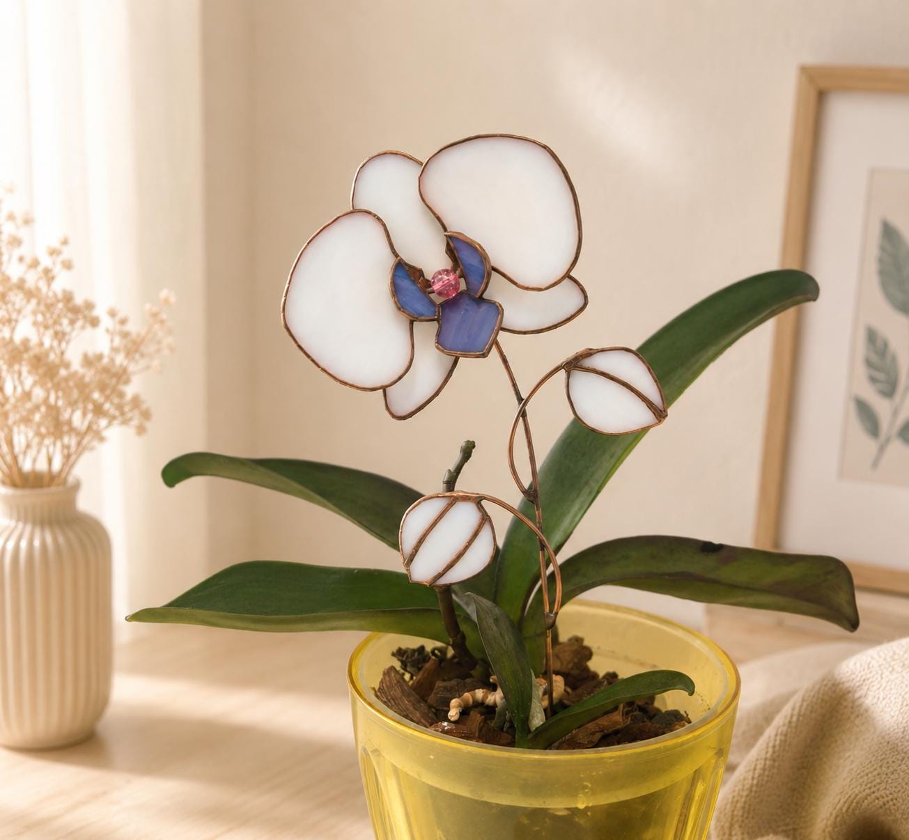 Pink Stained Glass Orchid, Forever Flower Decor, Botanical Glass