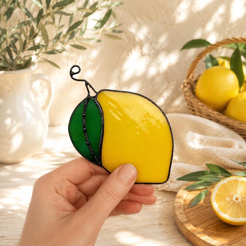 May include: A stained glass lemon with a green leaf and black outline. The lemon is yellow and the leaf is green. The glass art is held in a hand, with lemons and a basket in the background.