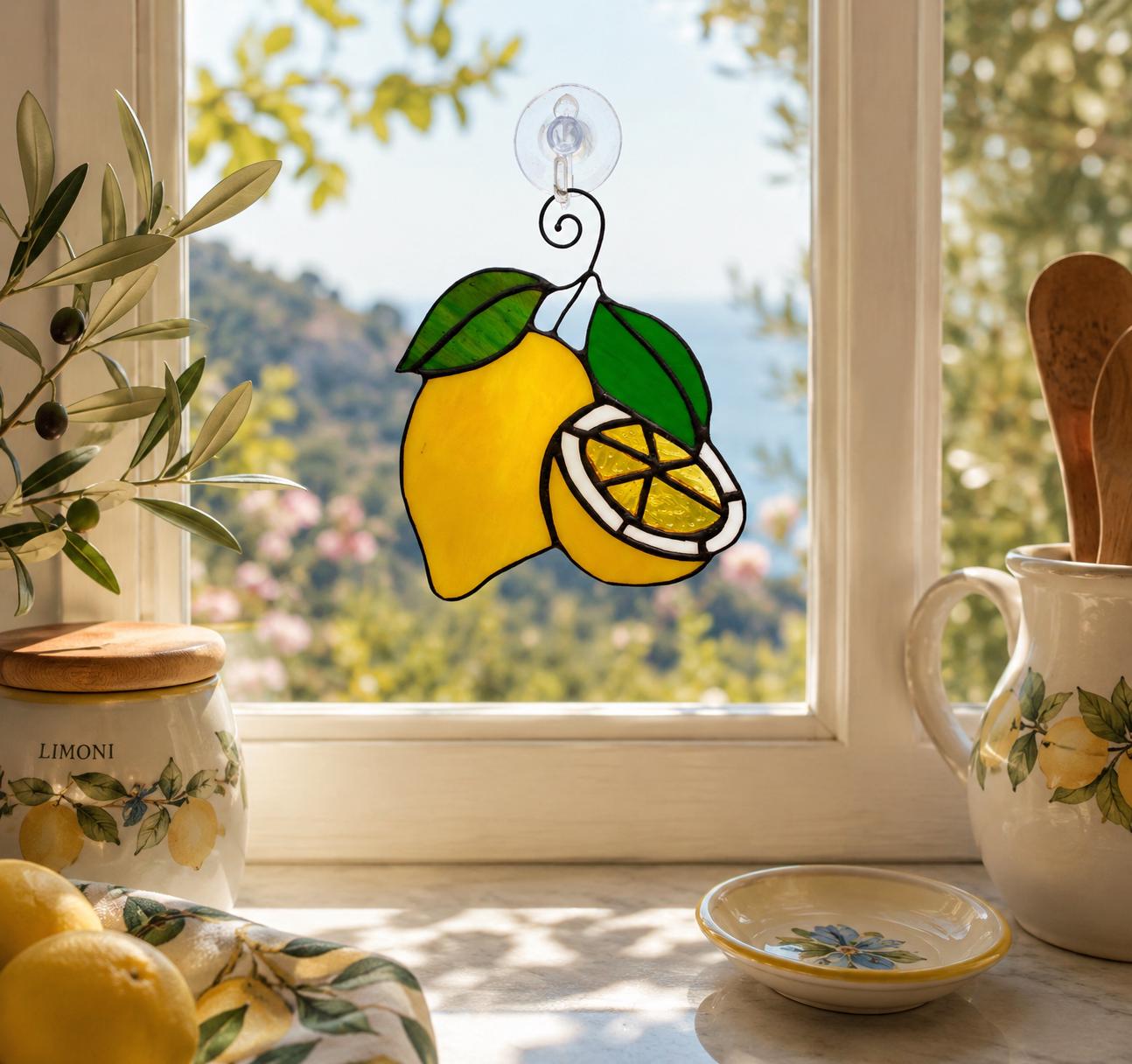 Stained Glass Lemon Suncatcher, Italian Kitchen Decor, Citrus