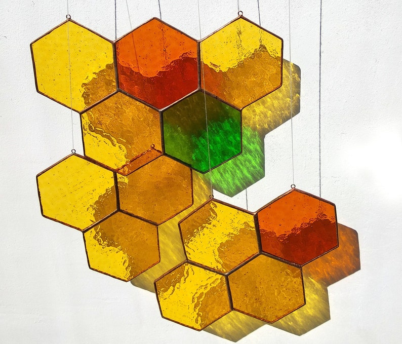 Honeycomb stained glass Suncatcher Window decor Glass art window image 1