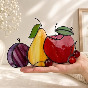 Stained Glass Fruit Suncatcher, Apple Pear Plum Panel, Kitchen Window Decor, Italian Kitchen Decor, Housewarming Gift
