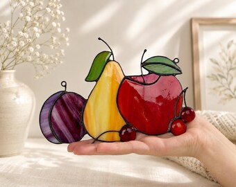 Stained Glass Fruit Suncatcher, Apple Pear Plum Panel, Kitchen Window Decor, Italian Kitchen Decor, Housewarming Gift
