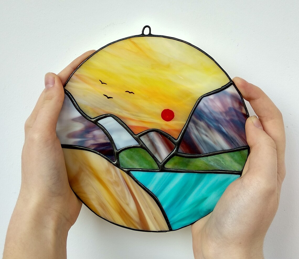 Landscape stained glass Mountain Suncatcher for window Etsy