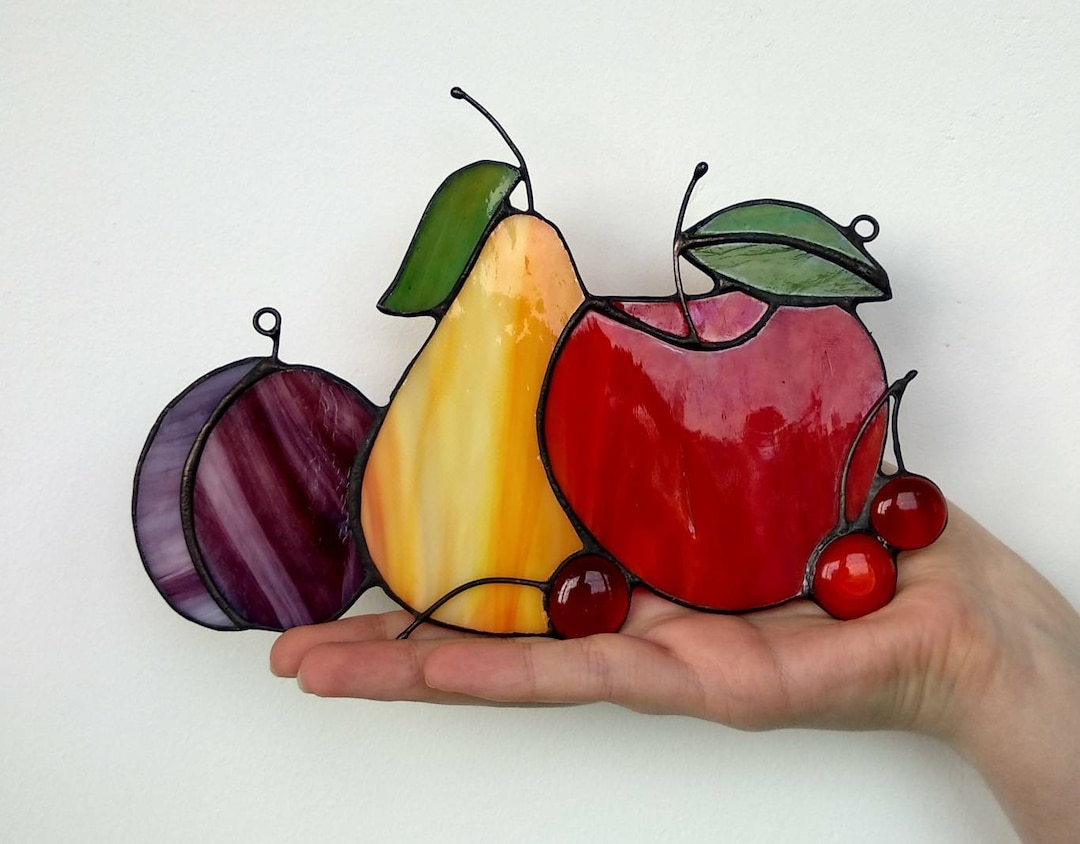 Fruit Suncatcher Stained Glass Fruit Ornament Apple Pear Plum Etsy