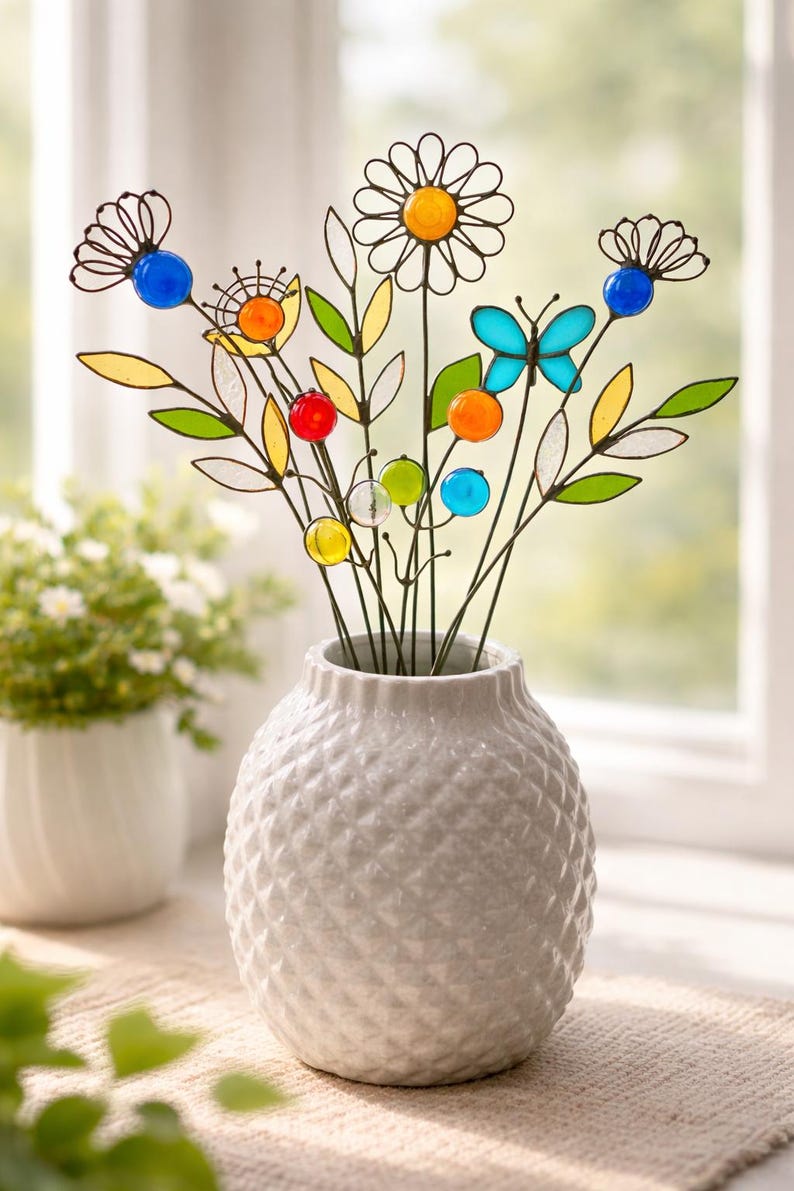 Puede incluir: Un jarr&oacute;n blanco texturizado contiene un colorido arreglo de flores y hojas de metal decorativas. El arreglo incluye una margarita, una mariposa y varias cuentas de vidrio de colores. Las flores son de metal y vidrio.