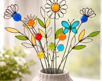 Stained Glass Flower Bouquet, Custom Glass Garden Set, Colorful Plant Stakes, Handmade Home Decor Gift, Floral Arrangement with Butterfly