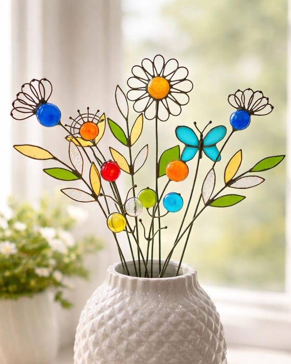 Stained Glass Flower Bouquet, Custom Glass Garden Set, Colorful Plant Stakes, Handmade Home Decor Gift, Floral Arrangement with Butterfly