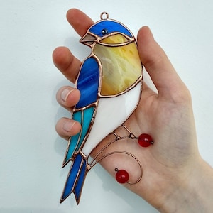 Stained glass bluebird Window hanging decoration Bird suncatcher Garden decor Birds on a branch Stained glass birds suncatcher Glass art