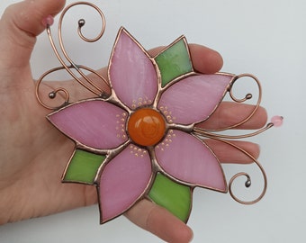 Window hangings stained glass flower Suncatcher window Pink flower Girl room decor Gift for her Glass window art Small stained glass