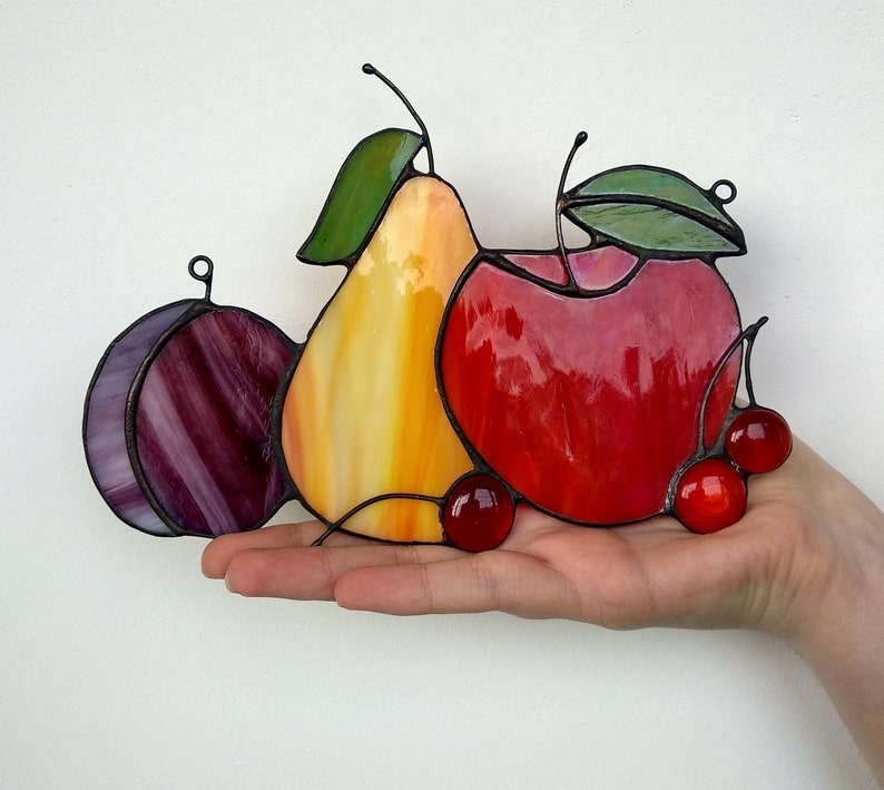 Fruit Suncatcher Stained Glass Fruit Ornament Apple Pear Plum Etsy
