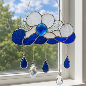 Stained Glass Cloud Hanging, Crystal Rain Suncatcher, Blue Cloud Window Hanging, Rainbow Maker, Handmade Glass Decor, Nature Lover Gift