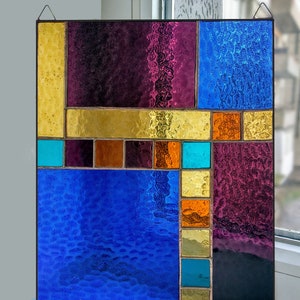 Stained glass panel Geometric suncatcher Stained glass window hanging 10 x 8