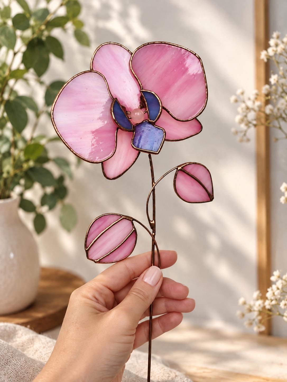 Pink Stained Glass Orchid, Forever Flower Decor, Botanical Glass
