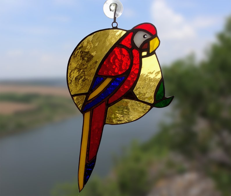 Parrot stained glass suncatcher Bird stained glass window hangings image 1