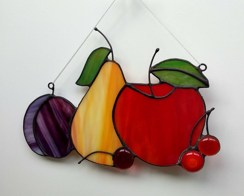Fruit Suncatcher Stained Glass Fruit Ornament Apple Pear Plum Etsy