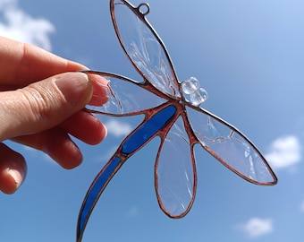 Blue Dragonfly Stained Glass Art - Whimsical Sun Catcher for Mom's Memorial & Patio Decor