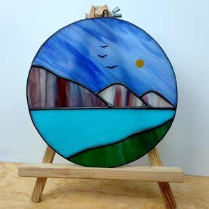 Stained glass Landscape scene - Suncatcher Mountain, river - Window hangings - Gift for her