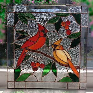 Stained Glass Panel with Two Cardinals on Tree - Handmade Suncatcher He and she - Сouple of lovers - Beveled Window hanging