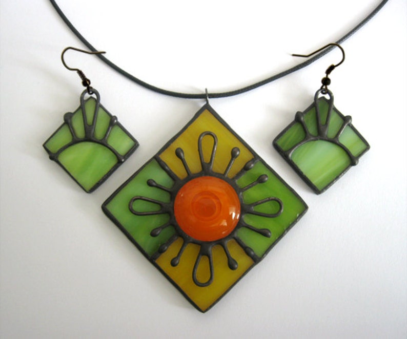 Tiffany jewelry set Stained glass Pendant Earrings Handmade Etsy