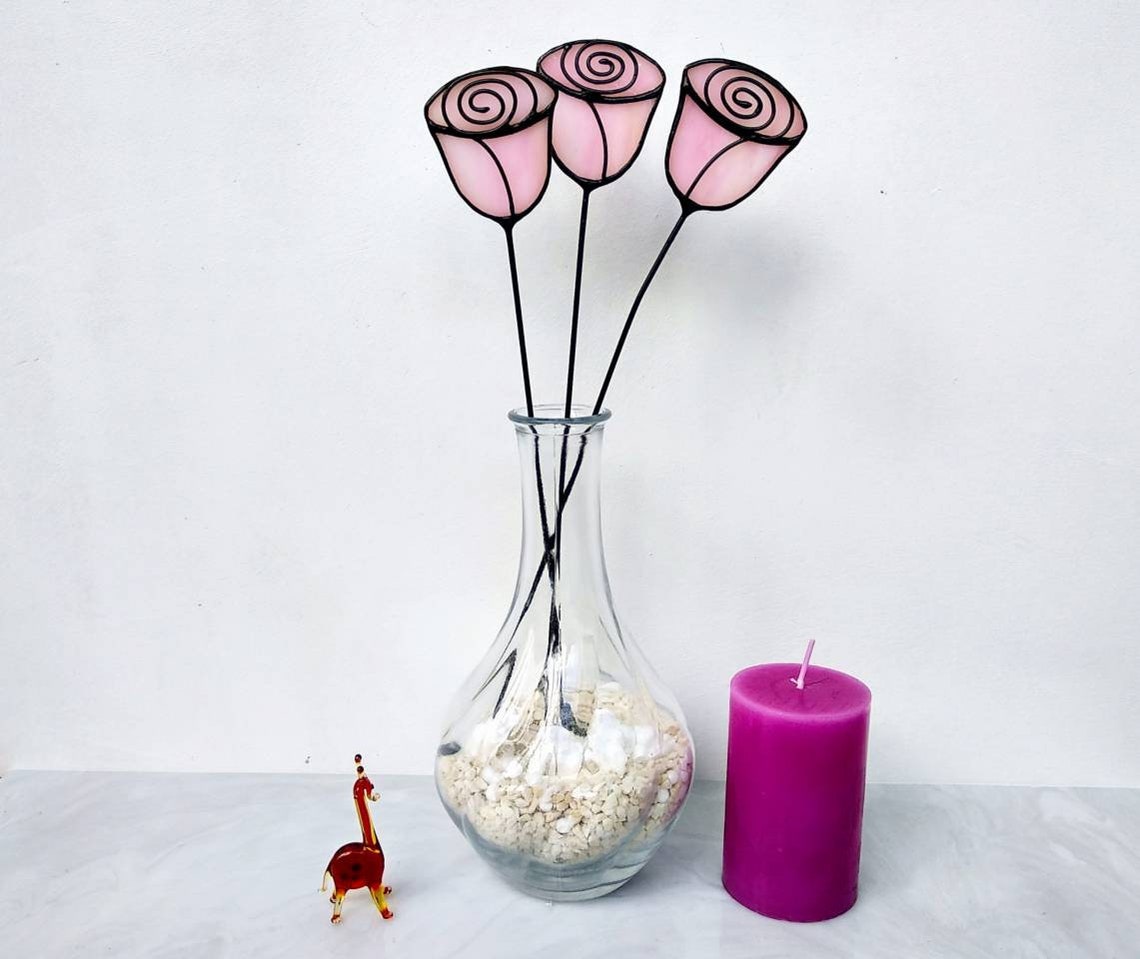 Rose Stained Glass Flower Bouquet Glass Rose Stem Flowers With Etsy