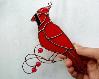 Cardinal suncatcher Stained glass bird  Mother day gift Female Cardinal ornament