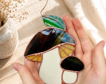 Stained Glass Mushroom and Leaf, Woodland Suncatcher, Forest Decor, Cottagecore Gift, Nature Lover Gift