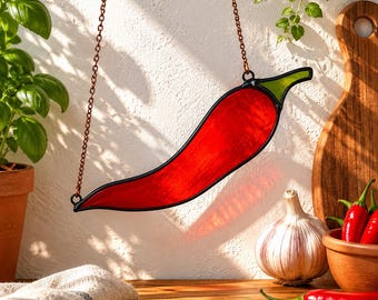 Stained Glass Kitchen Decor, Red Chili Pepper, Gift for Mom, Window Hanging Suncatcher