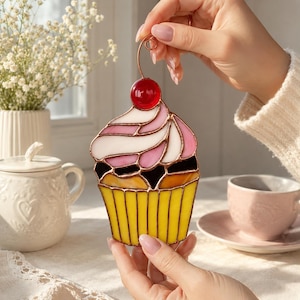 Stained Glass Cupcake Suncatcher, Pink Bakery Decor, Cherry Dessert Window Hanging, Gift for Baker, Sweet Kitchen Decor