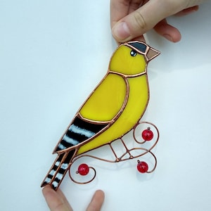 Goldfinch stained glass window Bird suncatcher Stained glass birds on a branch Birds for window Window hanging Goldfinch ornament