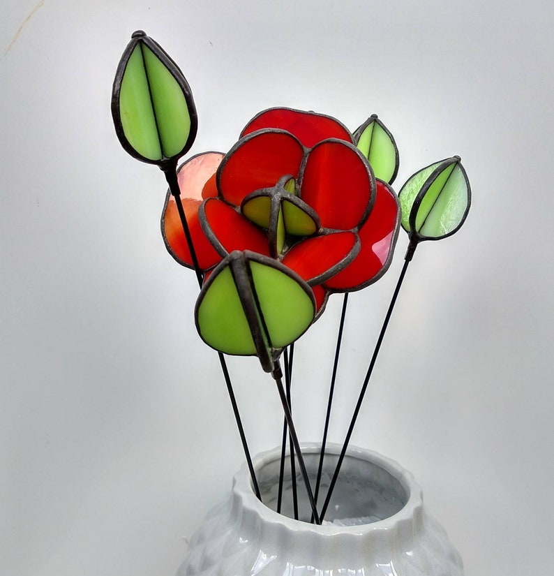 Glass Flower Bouquet Poppy Stained Glass Flowers Stained Glass Etsy