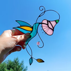 Stained glass hummingbird suncatcher Window hanging Bird feeder Bird artwork Home and garden decor Mothers Day gifts