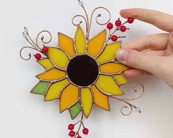 Sunflower stained glass window hangings Suncatcher for Home Decor or Unique Flower Gift for Mom Sunflower gifts Flower Mothers gift