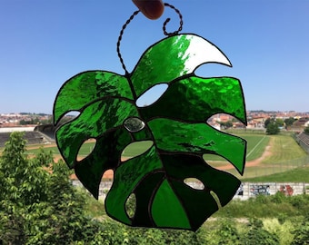 Monstera stained glass Suncatcher leaf  Glass leaf wall art Nature stained glass Plant hanger