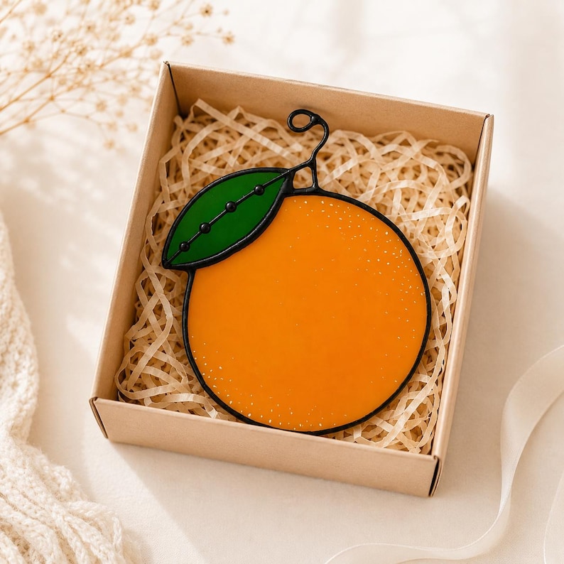 Stained Glass Orange Suncatcher, Citrus Lover Gift, Italian Kitchen Decor, Fruit Window Hanging image 1