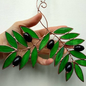 Faux olive branch Stained glass window hanging Suncatcher decor