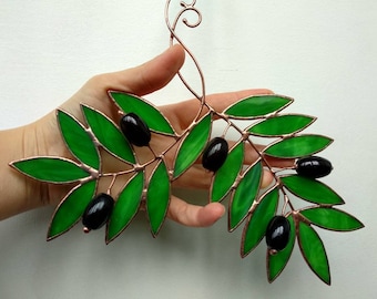 Faux olive branch Stained glass window hanging Suncatcher decor