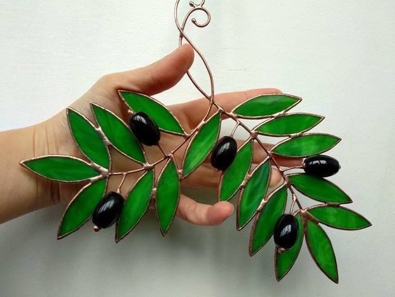 Faux olive branch Stained glass window hanging Suncatcher decor