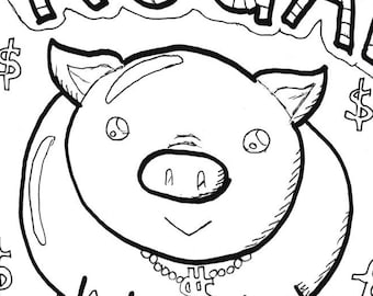 Coloring Page, Printable - Piggy Bank with Dollar Signs