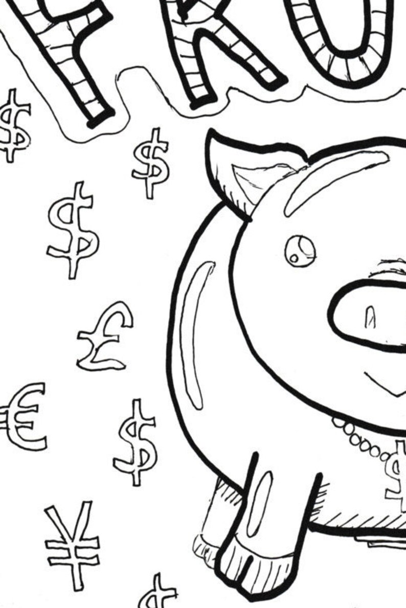Coloring Page Printable Piggy Bank with Dollar Signs | Etsy