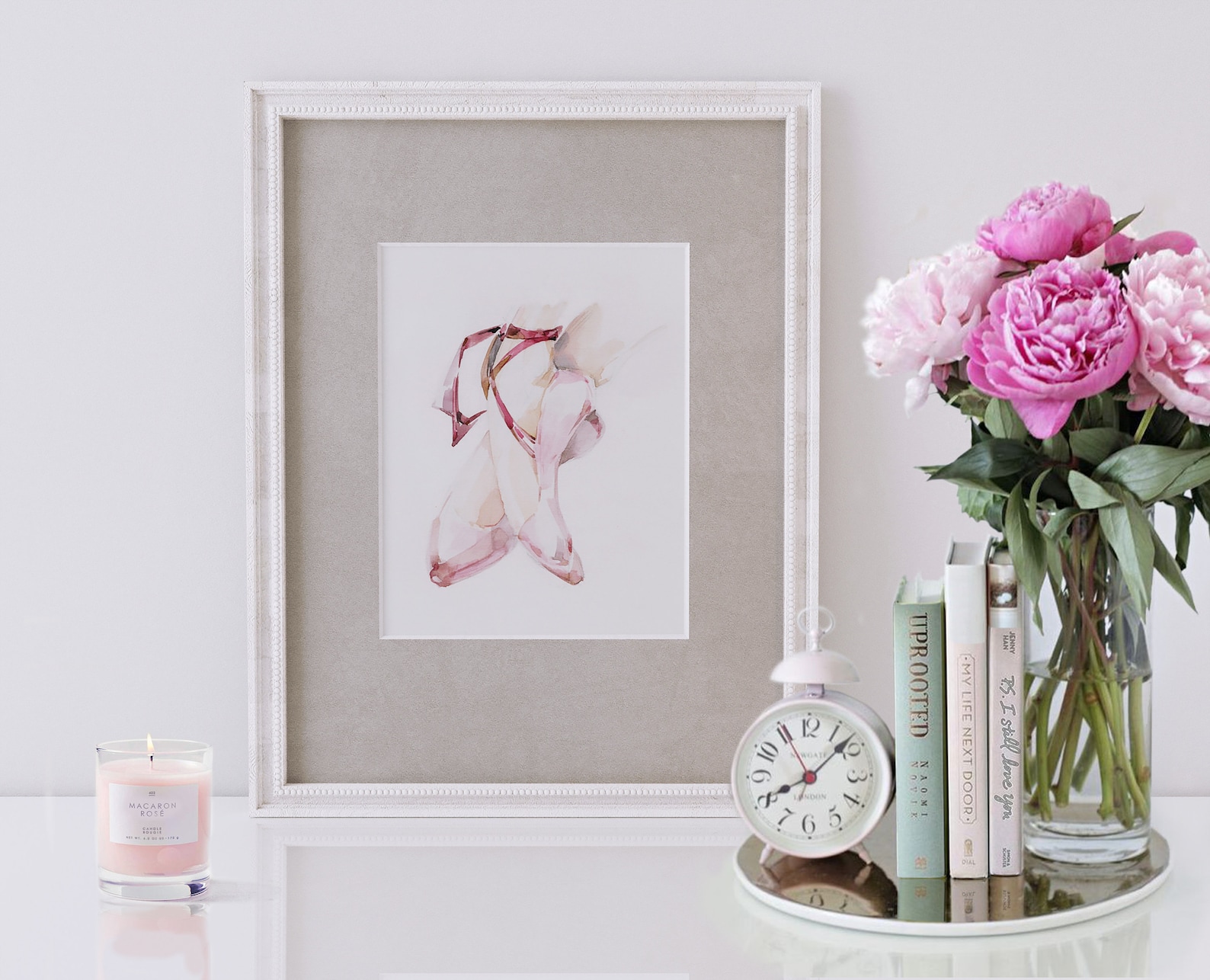 on pointes. print of original watercolor painting. tender rose. ballet shoes. bedroom wall and table decoration. marianna bobriv
