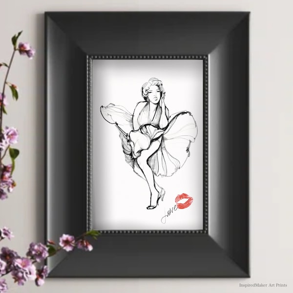 Charcoal Sketch of Marilyn Monroe - Famous Blowing White Dress Moment. Instant Download.