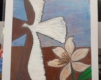 Art Print: 8x10 hand drawn print of a Cross with a dove and flowers.