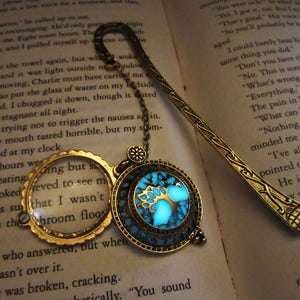 Gold bookmark// Magnifying Glass Pendant //glow in the dark